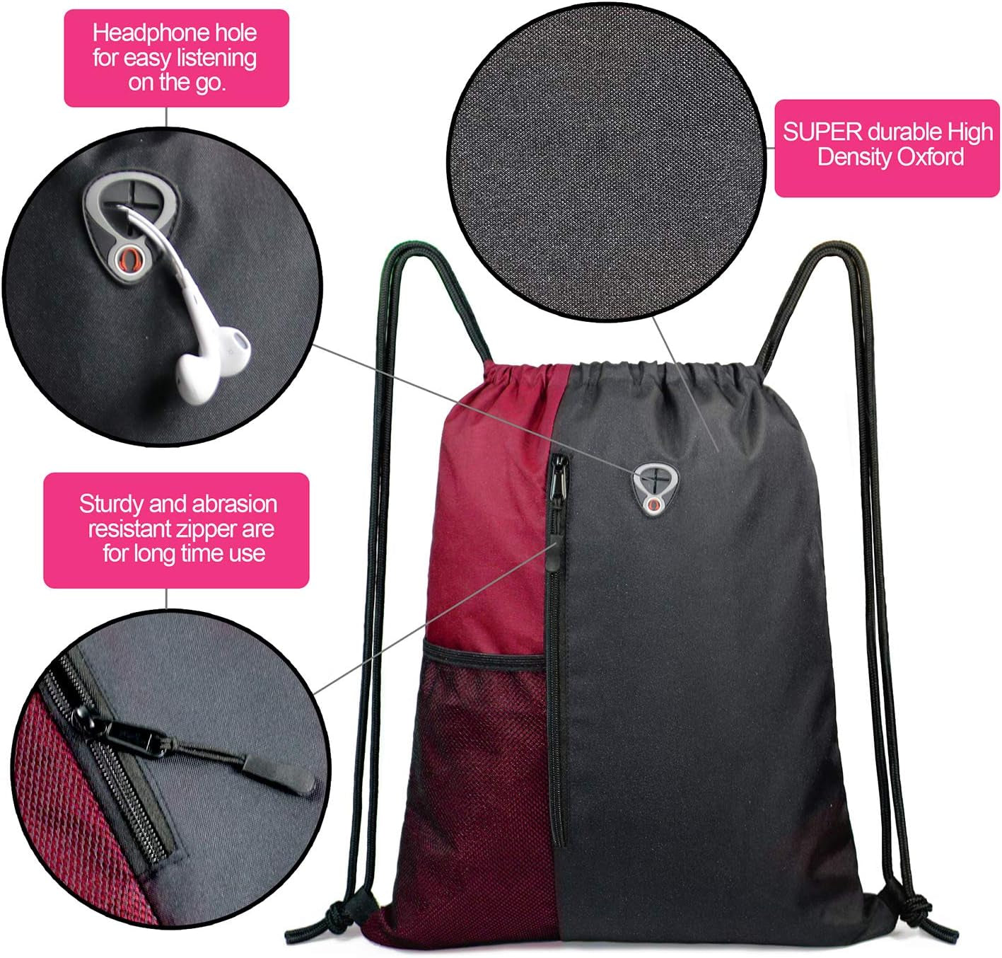 Drawstring Backpack Sports Gym Bag for Women Men Children Large Size with Zipper and Water Bottle Mesh Pockets