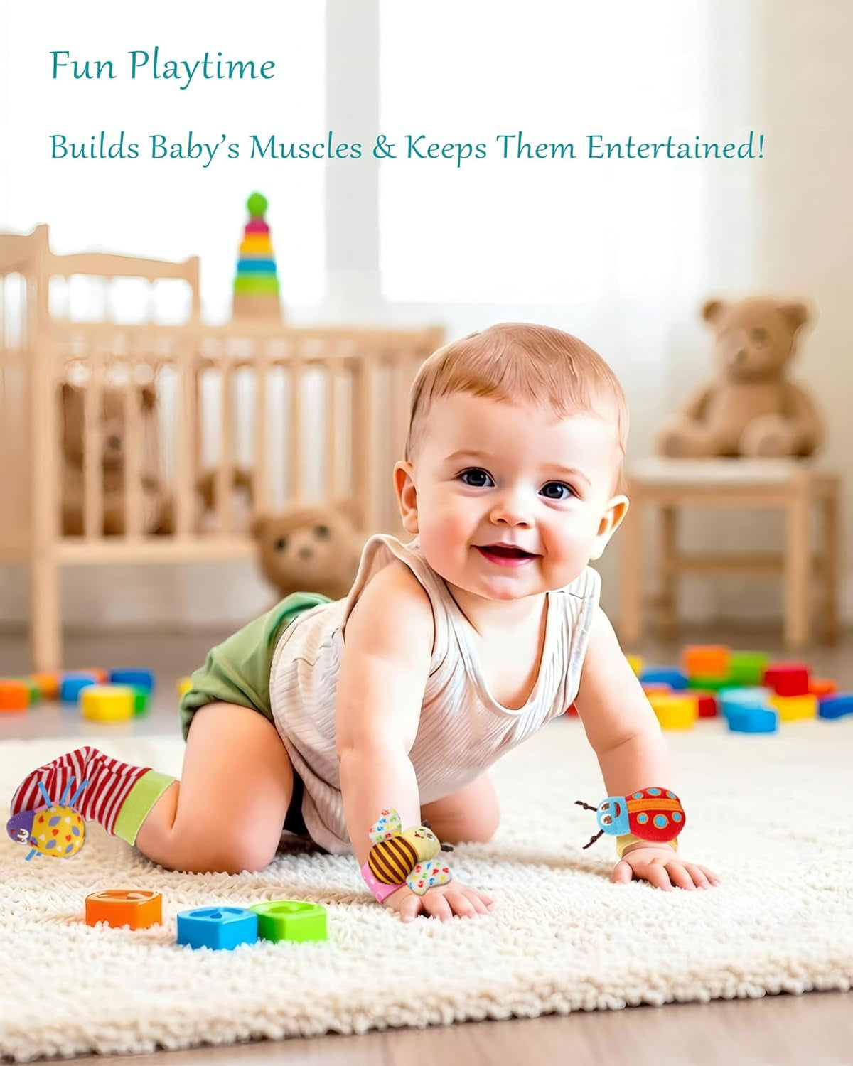 Baby Soft Rattle Toy Foot Finder Socks Wrists Rattles Ankle Leg Feet Hand Arm Bracelet Activity Rattle Baby Shower Present Gift for Neborn Baby Infant Boy Girl Bebe (8 Pcs)